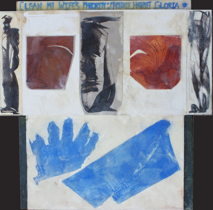 Wife's Majority - Wax over lithographs and collagraph, mounted to panel - 20'' x 24'' - $400