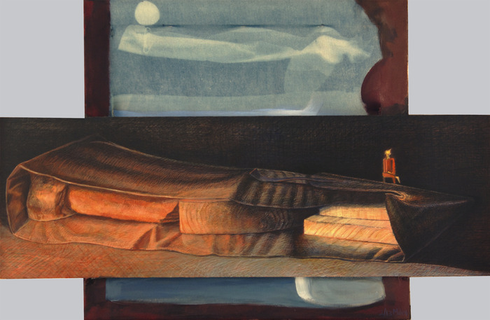 Still Life and Frame - egg tempera on panel mounted to stretchers overlaid with cyanotyped and painted fabric - 24'' x 32'' - $800