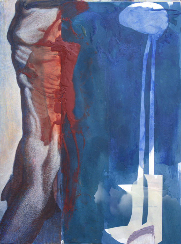 Brain and Boots - egg tempera and encaustic wax over cyanotype print mounted to panel - 36'' x 48'' - $2000