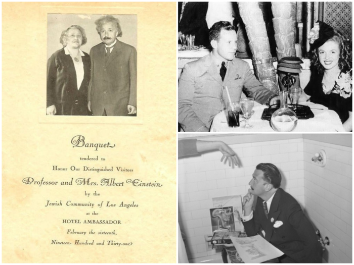 LEFT: Invitation to Albert Einstein's banquet, TOP RIGHT: 19 year old Marilyn Monroe attending a party at the Ambassador hotel, BOTTOM RIGHT: Salvador Dali hanging out in a bathtub