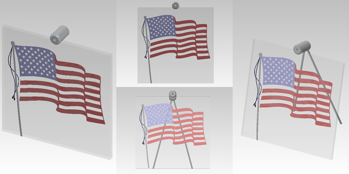 Size: 10" X 10" X 2". The American flag engraved on the front surface of the glass, painted red and blue, with black painted tassels on the side and an aluminum flag pole.