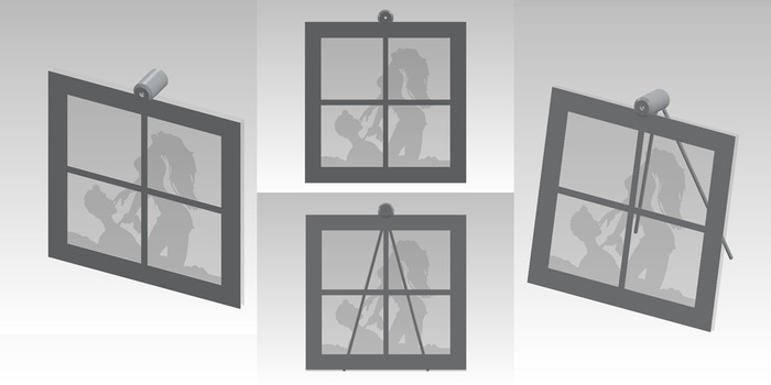 Size: 10" X 10" X 2". An engraved scene on the front of the glass with various painted accents. A cut piece of line-grained aluminum creates the window.