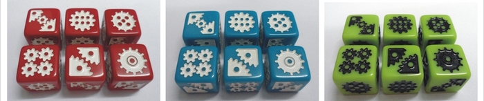 Custom dice samples to show all 6 sides of the dice. There are 4 custom dice per player in 6 colors in EVERY copy of Euphoria. 24 extra custom dice are included in the Kickstarter-only "Supreme" copies of the game.