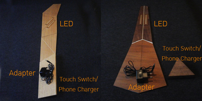 Components included in the box. The "Loop" lamp in flat dimension is around 20 x 120 Cm. And the "Arrow" lamp is around 20 x 80 Cm.