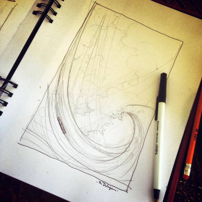 Early ink sketch of the Great Deluge