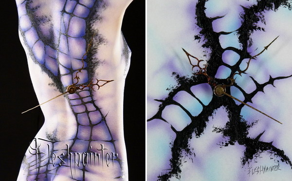 Original live model on the left, and a hand painted image based upon her design is shown on the right.
