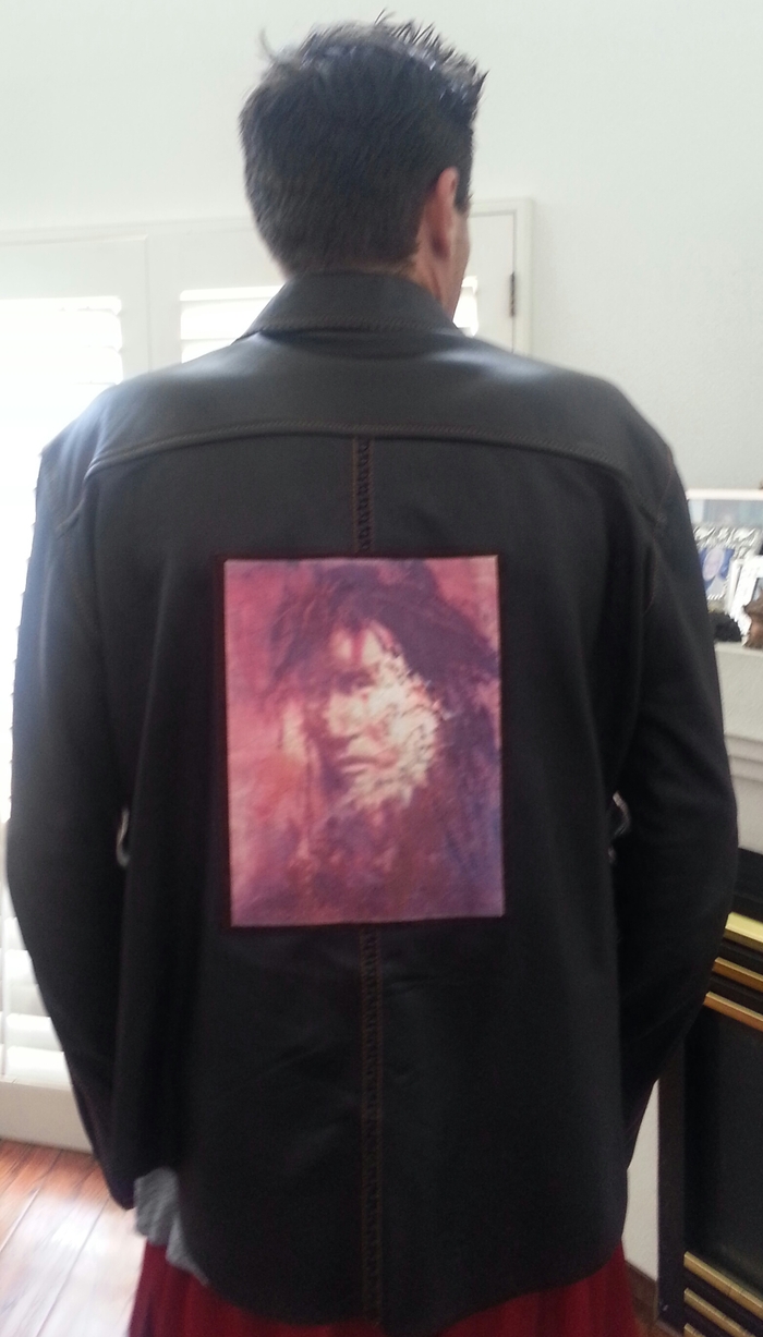 Back of Leather Jacket modeled by Chuck Negron III - Featuring Native American Applique.