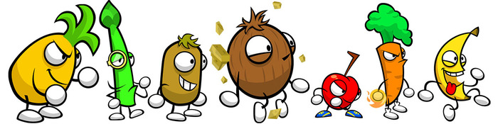 The Organics have magically enhanced elemental powers: Cherry controls EARTH, Kiwi controls WATER, Carrot controls FIRE, and Coconut controls GRAVITY.