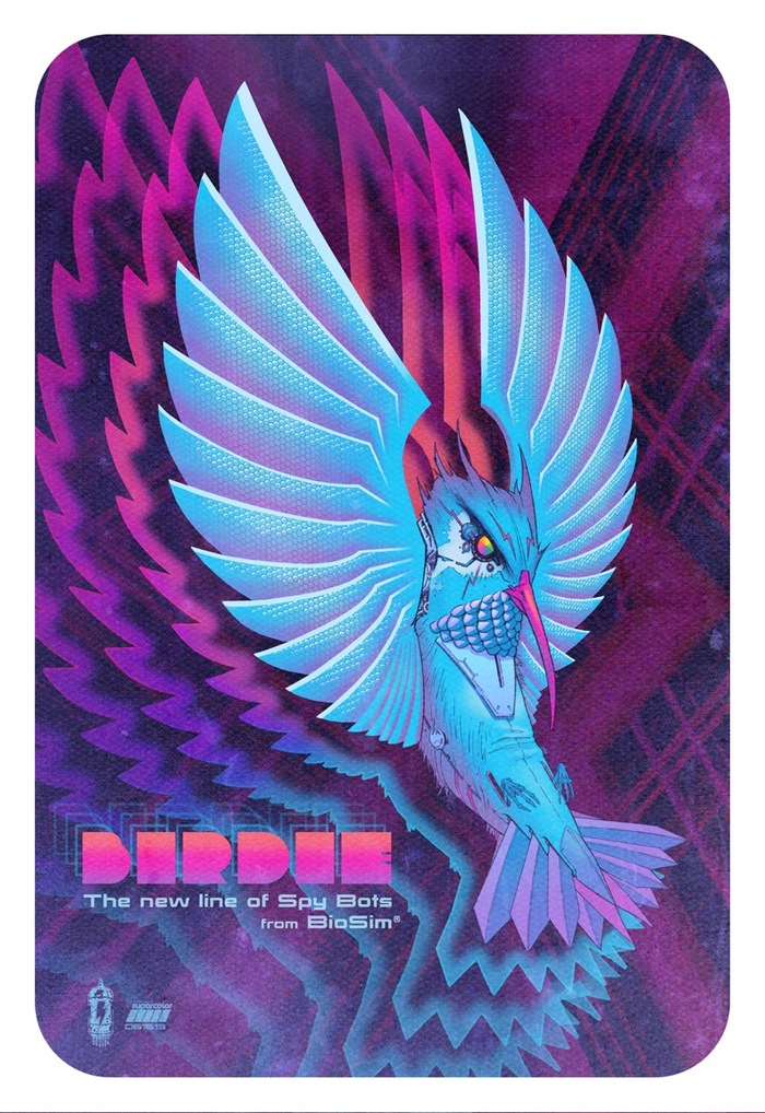 Gabe Bridwell's finished poster featuring Birdie, a surveillance bug eater cracked by Andrei who are now constant companions.