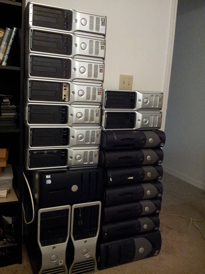More than two dozen desktop PC's were donated to our cause for development. 19 are shown stacked here.