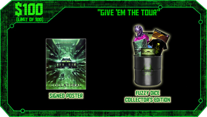 $100 or more: Receive everything in the Fuzzy Dice Collector's Edition, as well as a limited edition Collateral poster signed by the team at Dancing Dinosaur Games. Limit of 100.