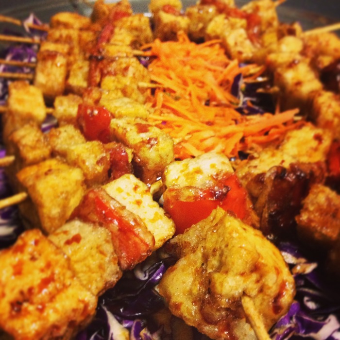 Teriyaki tofu skewers...(gluten free and vegan friendly) deep fried tofu, pineapple, and red pepper tossed in our Vernors teriyaki glaze.