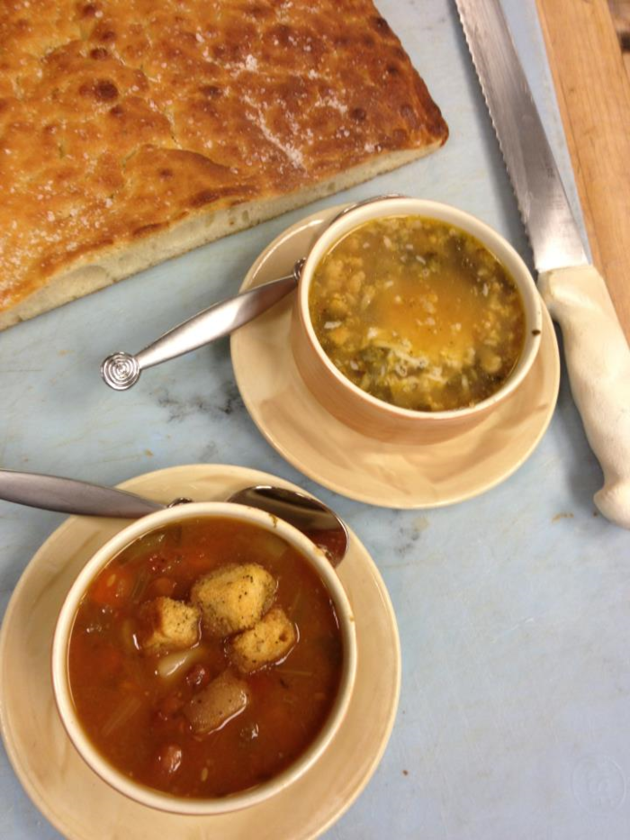 Minestrone Soup, Chicken Broth with Mushrooms, Farro garnished with cheese, Our house made Foccacia Bread