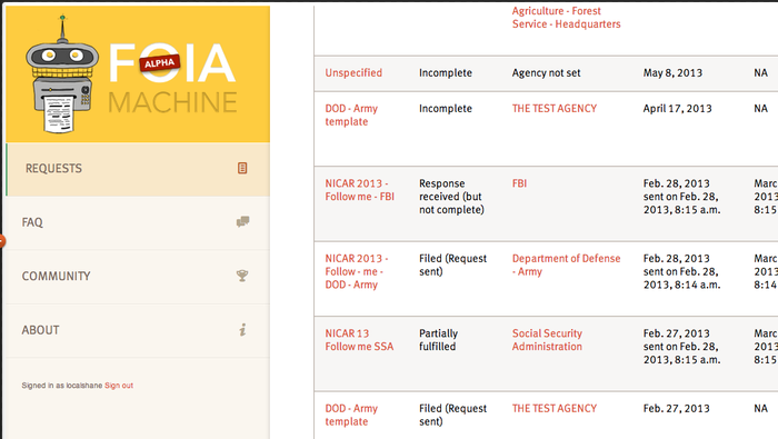FOIA Request screen shot