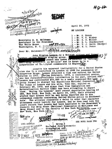 J. Edgar Hoover 1972 letter citing potential danger posed to U.S. by "former member of the Beatles singing group" John Lennon, released via FOIA request.