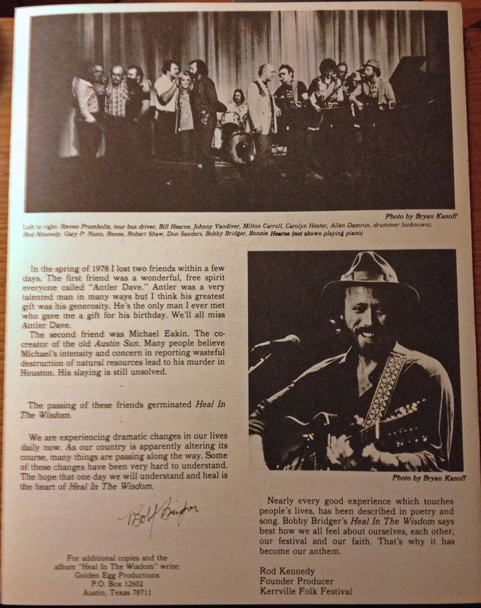 Back side of sheet music with story of "Heal In The Wisdom"