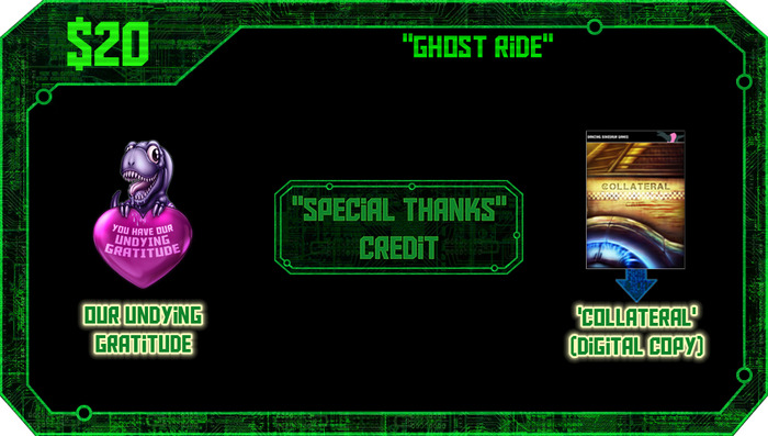 $20 or more: A digital copy of Collateral upon release, our undying gratitude, and a 'special thanks' credit.