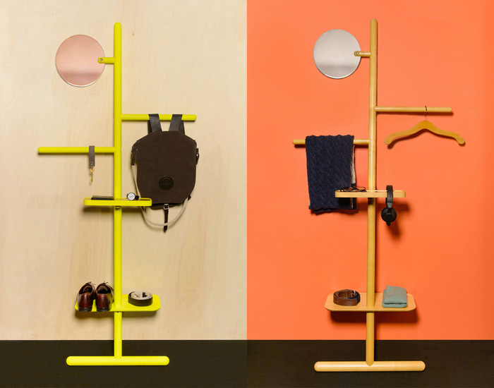 Camerino Valet Stand in fluoro yellow and natural oak with copper or chrome mirrors.