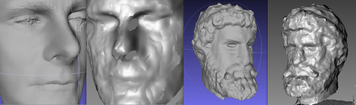 Scan data comparison: Fuel3D on the left and Kinect (aligned but un-merged meshes) on the right