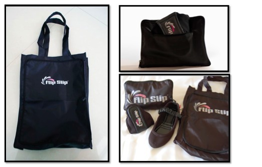 FLIP-TOTE BAG – a collapsible bag that can be used as a carrying case for your FlipSlips and can also expand into a tote bag for carrying your other shoes and accessories.