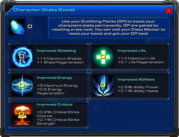 The character stat boost allows each player to customize his character by using Outfitting Points to boost its stats.