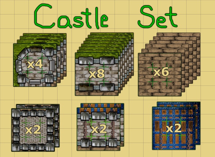 8 Straight, 6 Courtyard, 4 Corner, 2 Bridge, 2 Bridge Connectors, 2 Keeps