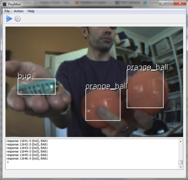 PixyMon runs on PC or Mac and allows you to see what Pixy sees. Communication takes place over standard USB cable.