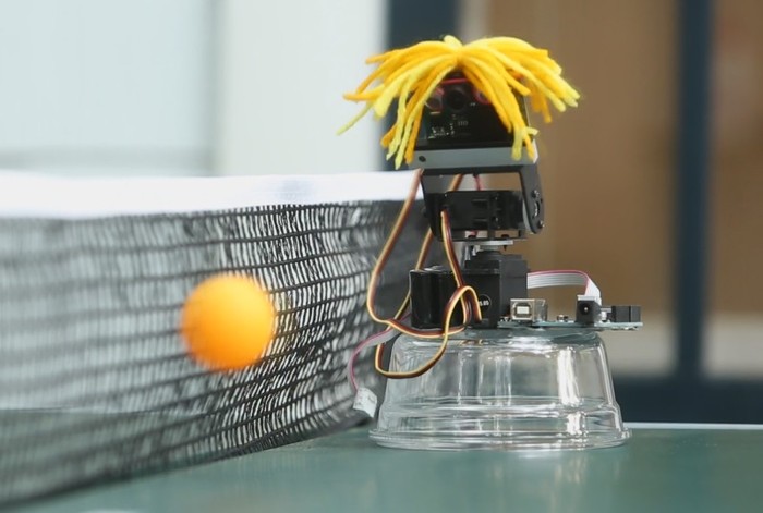 Pixy is fast, so your robot can be fast -- shown with glasses and wig (optional).