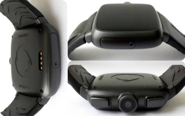 Black Metal Casing with Silicone strap - protective and durable, encases the entire smartwatch phone in a watertight seal according to IP67 water-resistant & dustproof standards. Even the charging connectors are special water-resistant connectors
