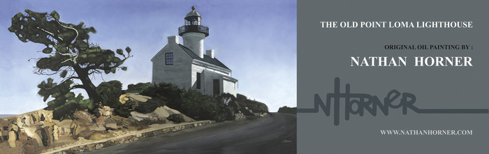Old Point Loma Lighthouse original oil painting by Nathan Horner. Billboard art layout.