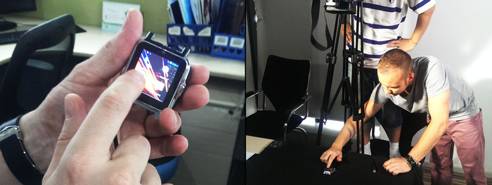 LEFT: Engineering prototype with Android 4.2.2 (before skinning), used in the labs for software development, not the final product. RIGHT: Filming our Laurent (Omate CEO) going through the Android 4.2.2 on the engineering prototype for the video.