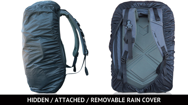 Down on the underside of your bag, there's a tiny zip with a rain cover inside. Because it's attached to the bag by a clip, it's fast to pull on. If you don't need it, unclip it, stuff it into itself and leave it behind. Yeeeeeah.