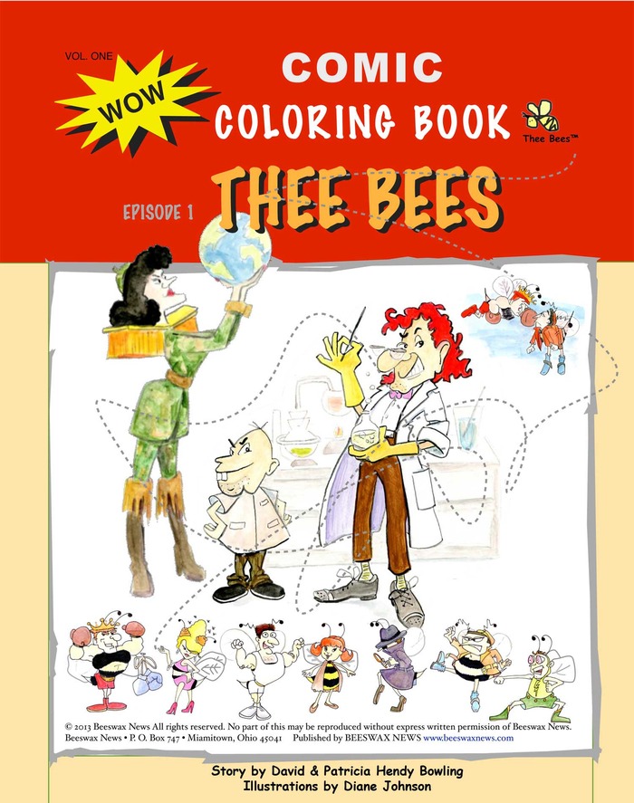 Thee Bees Comic Coloring Book, fun illustrations to color and a short story too!