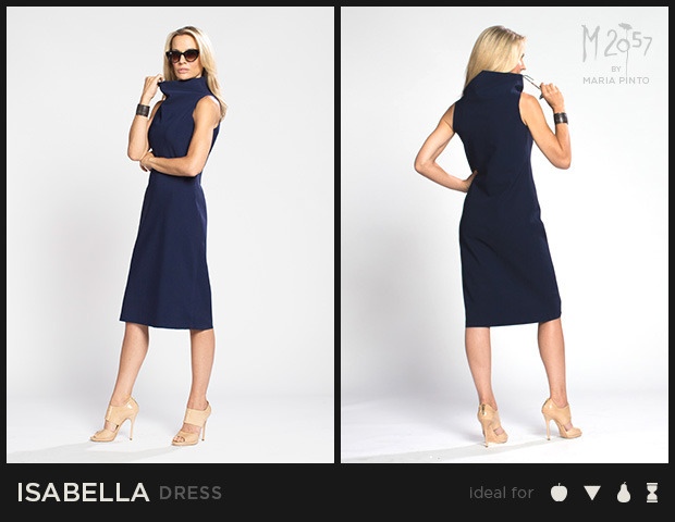 Sleeveless shift dress with a funnel neck and cut edges / Form jersey / Waist to hem: 25" / Shown here in Midnight / $250