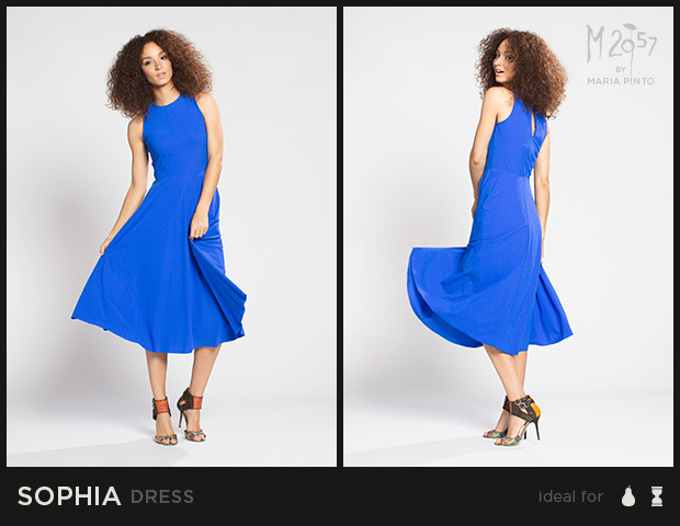 Sleeveless dress with a fitted bodice and flowy circle skirt that falls below the knee / Liquid jersey with “2nd skin” slip / Waist to hem: 30” / Shown here in Radar Blue / $250