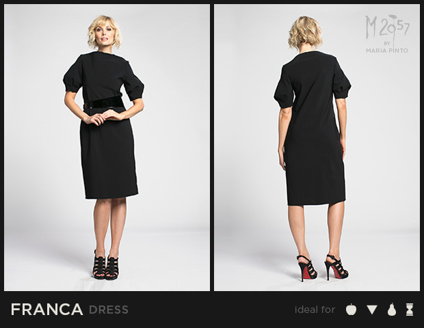 Shift dress with a bateau neckline, sculpted sleeves, and cut edges / Form jersey / Waist to hem: 25” / Shown here in Black / $250