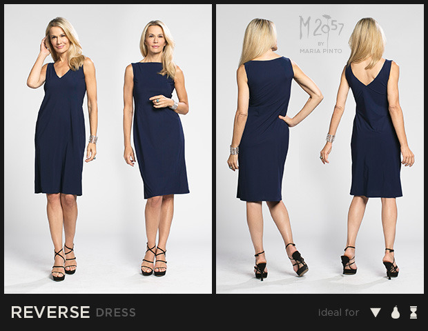Two dresses in one! Can be worn as either a V-neck or Bateau neckline / Liquid jersey with “2nd skin” slip / Waist to hem: 25” / Shown here in Midnight / $250