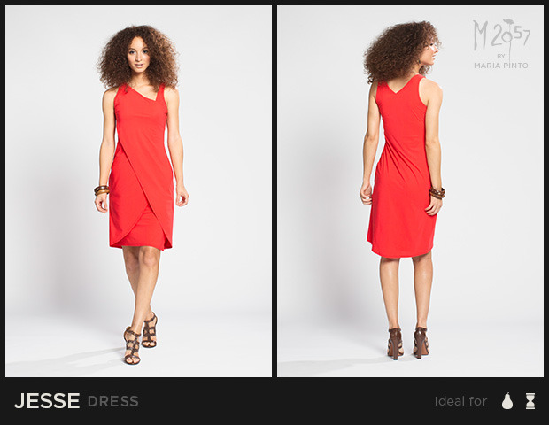 Sleeveless dress with a fitted bodice and asymmetrical neckline, layered skirt has a side slit / Liquid jersey with a “2nd skin” slip / Waist to hem: 25” / Shown here in Kickstarter Red / $250