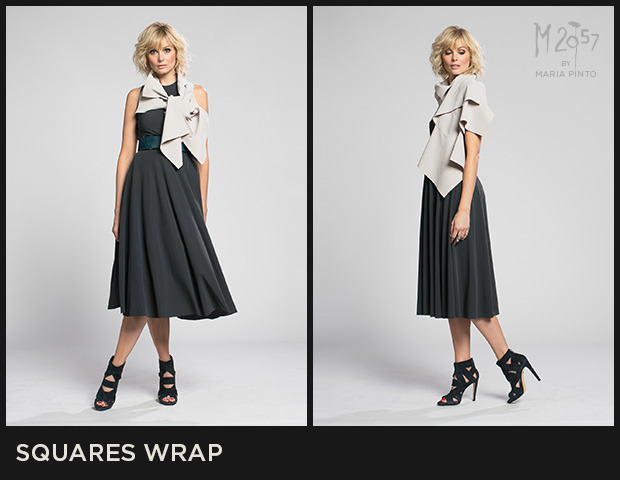 Geometric design made of five interlocking squares and cut edges / Can be worn as a wrap or large scarf / Form jersey / Shown here in Avalanche with the Sophia dress / $175
