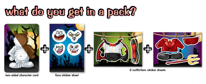 Pack = 1 two-sided charcter card + 3 sticker sheets