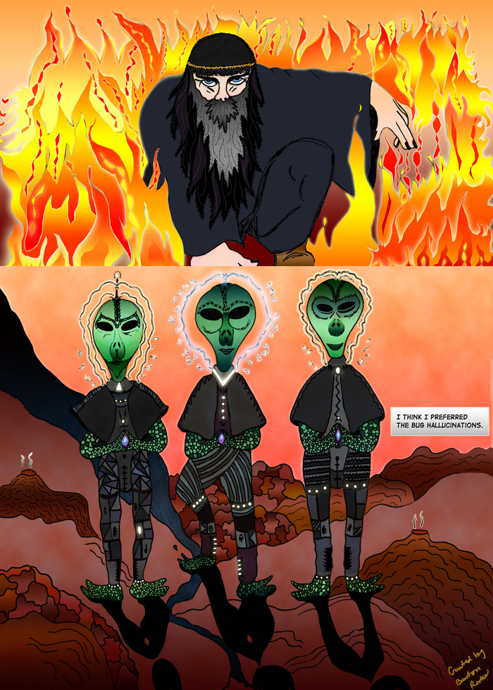 Page 3; "I think I preferred the bug hallucinations."Abaraiis crash lands on the Arukkai clan homeworld Oron.