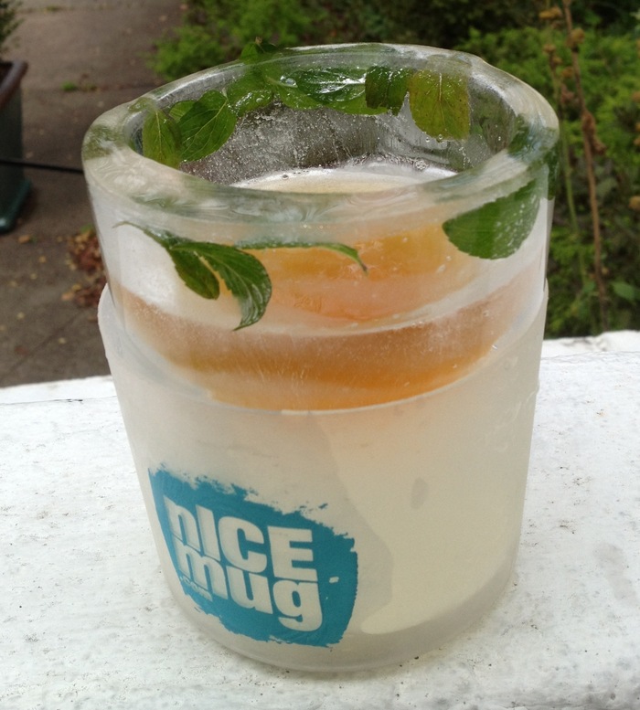 nICE tea with fresh mint frozen in the nICE mug.