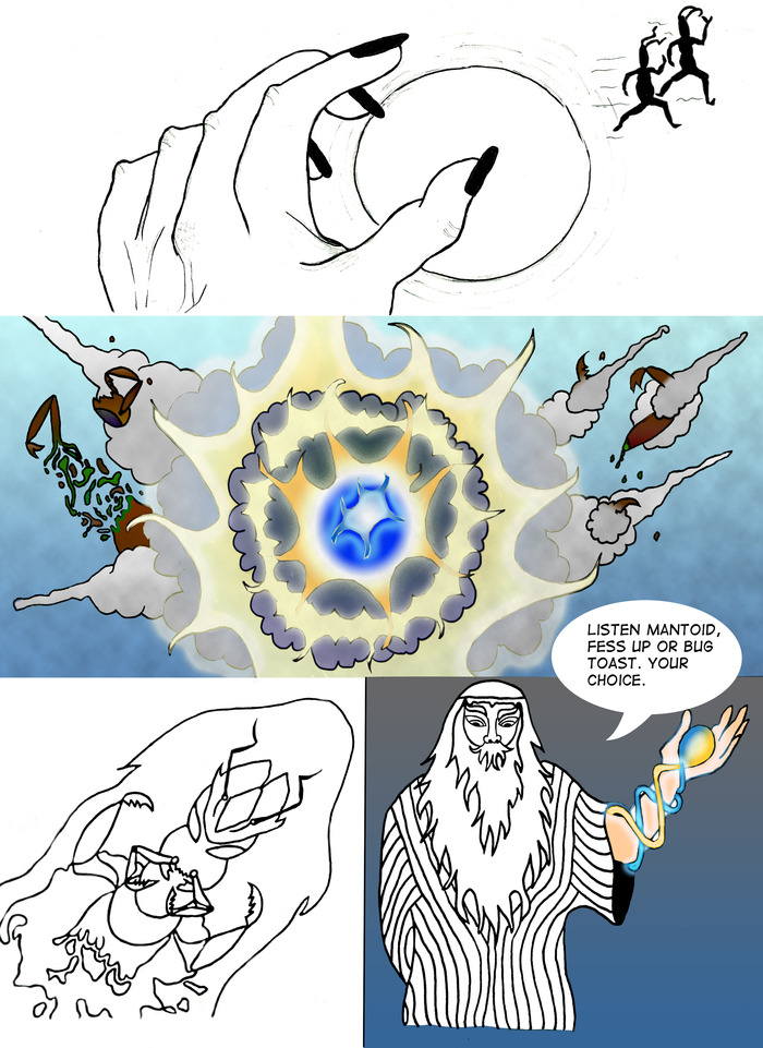 "Listen mantoid, fess up or bug toast. Your choice." Page 4, a work in progress. Before knowing the intentions of the Arukkai clan above, we see Abaraiis battle the Mantoids, an alien race proficient in their knowledge of "The Grid".