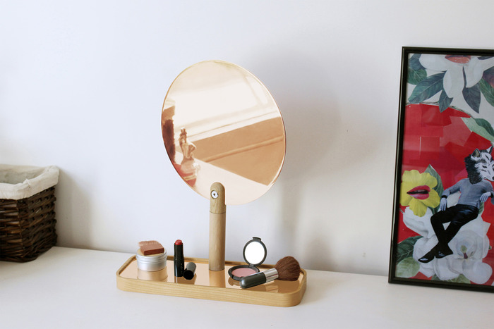 Table Vanity Mirror with Tray in Natural Oak or Fluoro Yellow and Copper or Chrome mirror and inlay. The mirror rotates too!