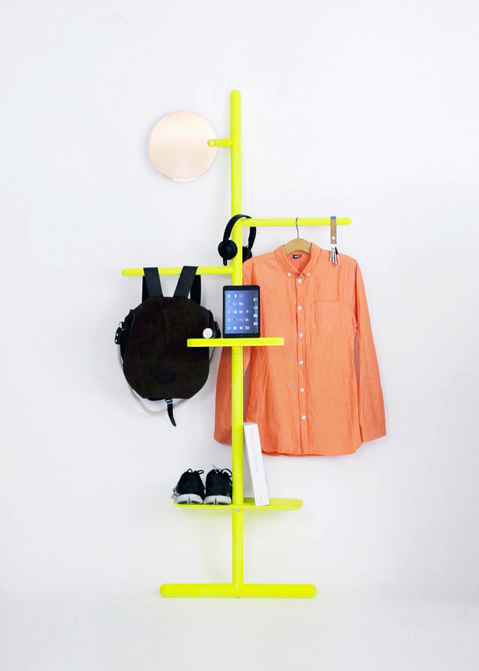 Camerino Valet Stand in Fluoro Yellow and Copper mirror.