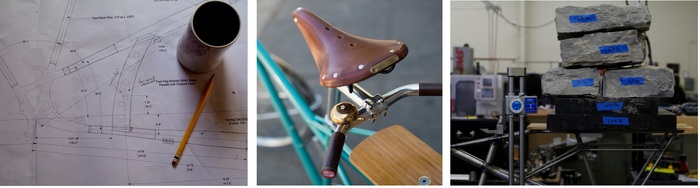 Laser-cut dropouts - leather, brass, and bamboo accents - frame testing with a 400lbs load