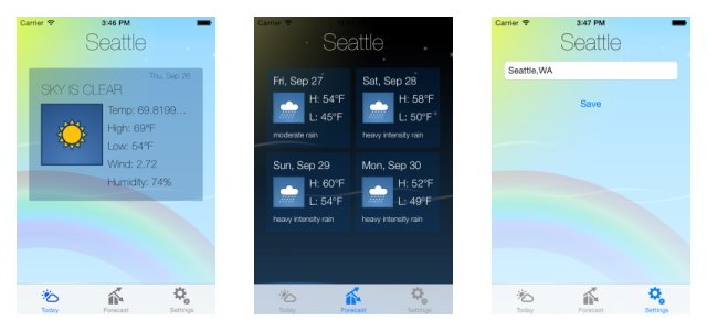 Screen shots from one of our apps, Pocket Weather