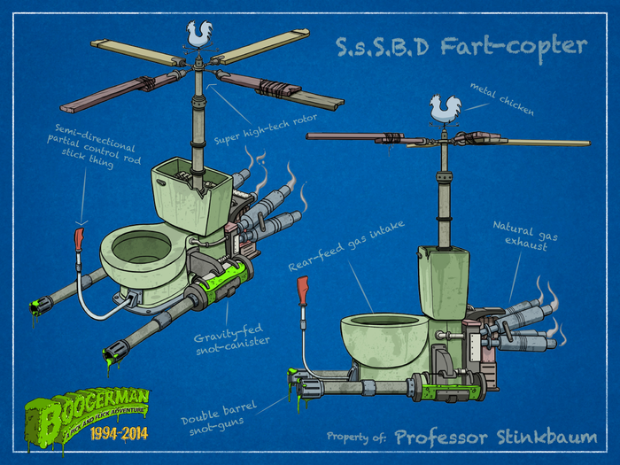 Professor Stinkbaum's latest contraption, the Snot-so-Silent-Butt-Deadly Fart-copter!