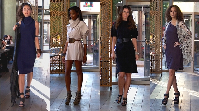 To celebrate reaching our Kickstarter goal, we held a fashion show featuring archived Maria Pinto and new M2057 pieces. From left to right: Midnight Isabella Dress, Avalanche Gia Dress + Squares Wrap, Black Franca Dress, Oxblood Jesse Dress