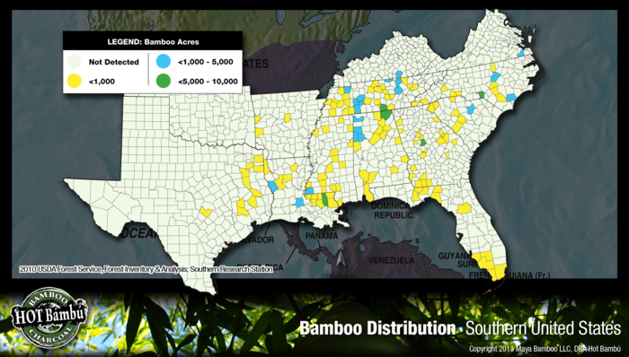 Invasive and noninvasive bamboo by acres in S. United States USDA combined maps 2010.